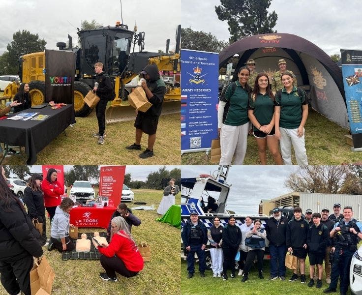 Careers Expo. Students visiting diferent stalls from the Police, Australian Defence Force or practicing CPR.tfrom the