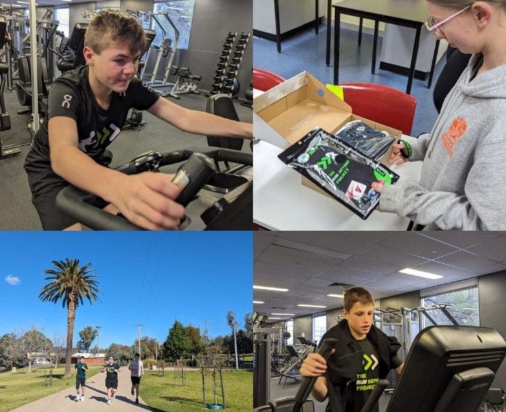 Students running and using excersie bikes training for the Run Beyond Project