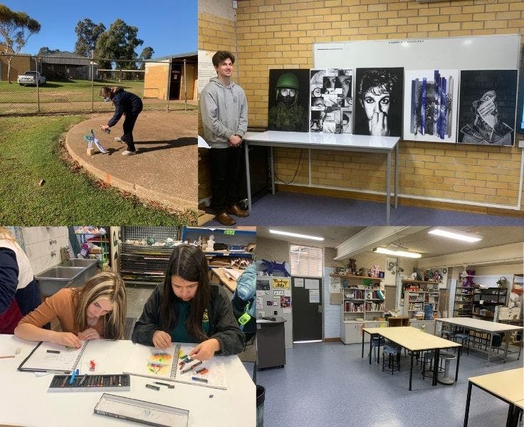 Students creating arts by drawing, spray painting and displaying photography works