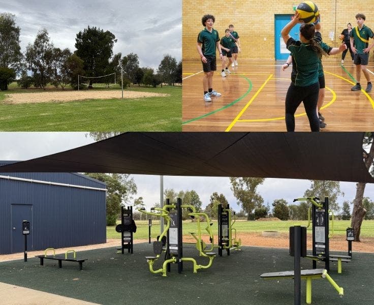 Students playing basketball in our school hall, gym equipment and beach volleyball court