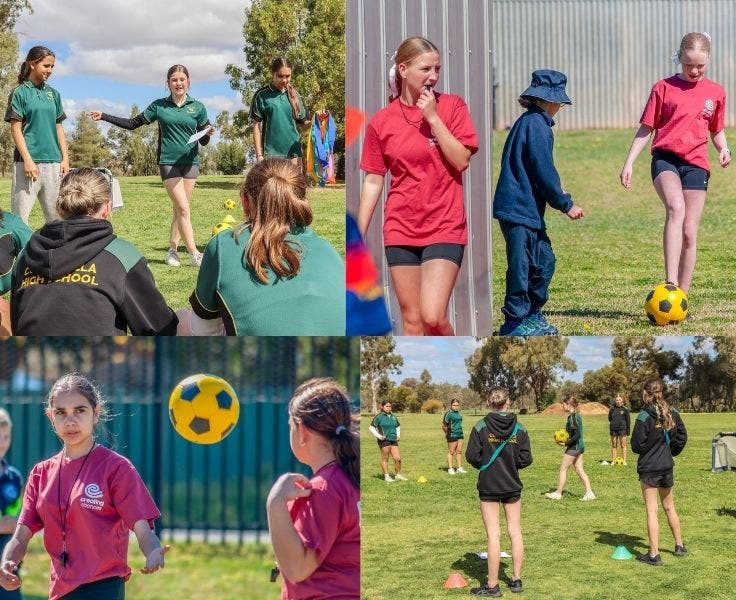 Students coaching students on how to play soccer