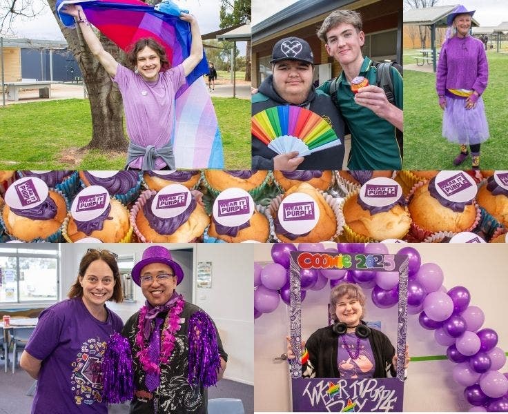 Students and staff dressed in purple celebrating Wear it Purple