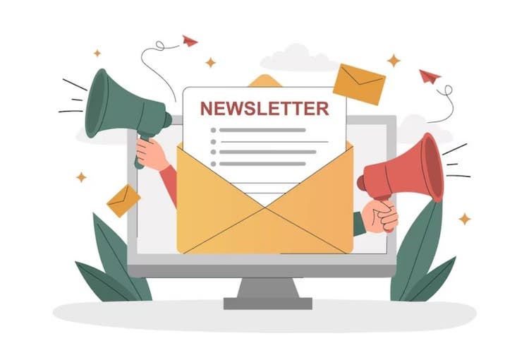 Green and red megaphones with a yellow envelope in the middle stating newsletter